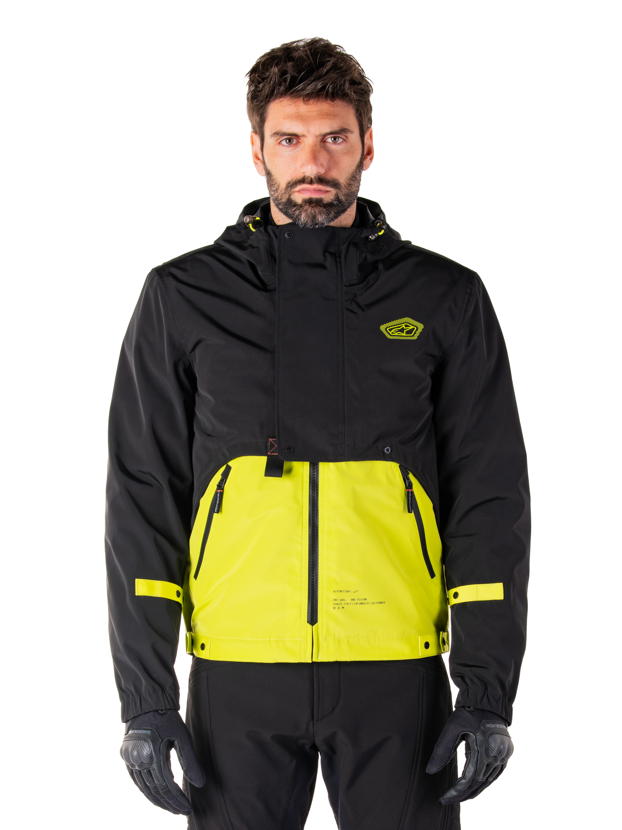 Alpinestars Mootant Waterproof Parka, Motorcycle Touring Jacket, Lime Punch and Black, hooded two-tone design with bright yellow lower torso and black upper body, yellow sleeve straps, logo on chest, technical modular style