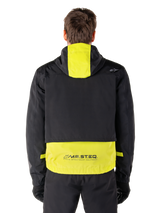 Alpinestars Mootant Waterproof Parka, Motorcycle Jacket, Lime Punch and Black, rear view showing hooded design and reflective MO.ST.EQ. branding on the lower back, worn with black riding pants and gloves.