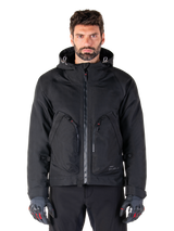 Alpinestars Morush Waterproof Parka, black men's urban motorcycle jacket with a hood and large zippered pockets.