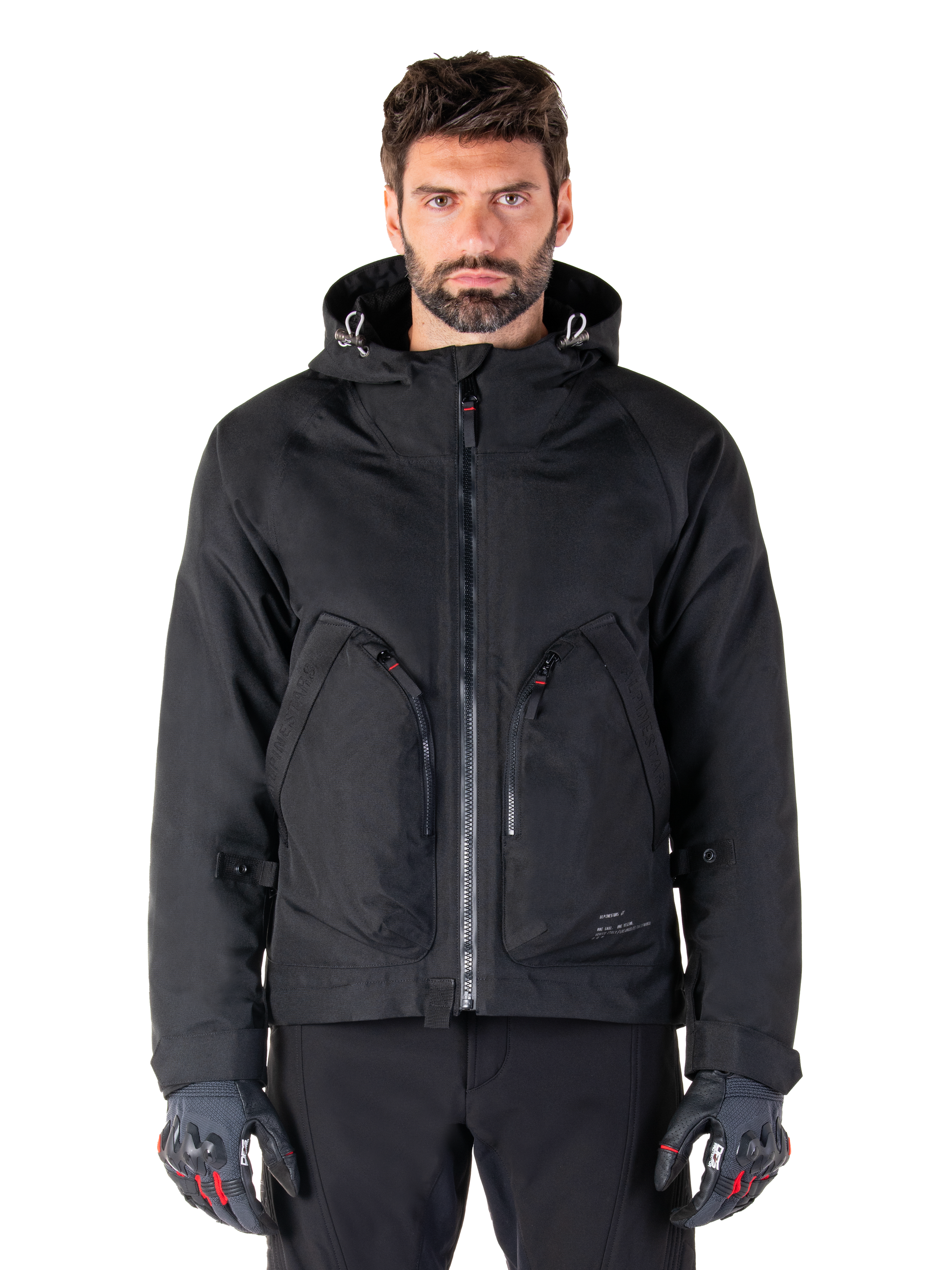 Alpinestars Morush Waterproof Parka, black men's urban motorcycle jacket with a hood and large zippered pockets.
