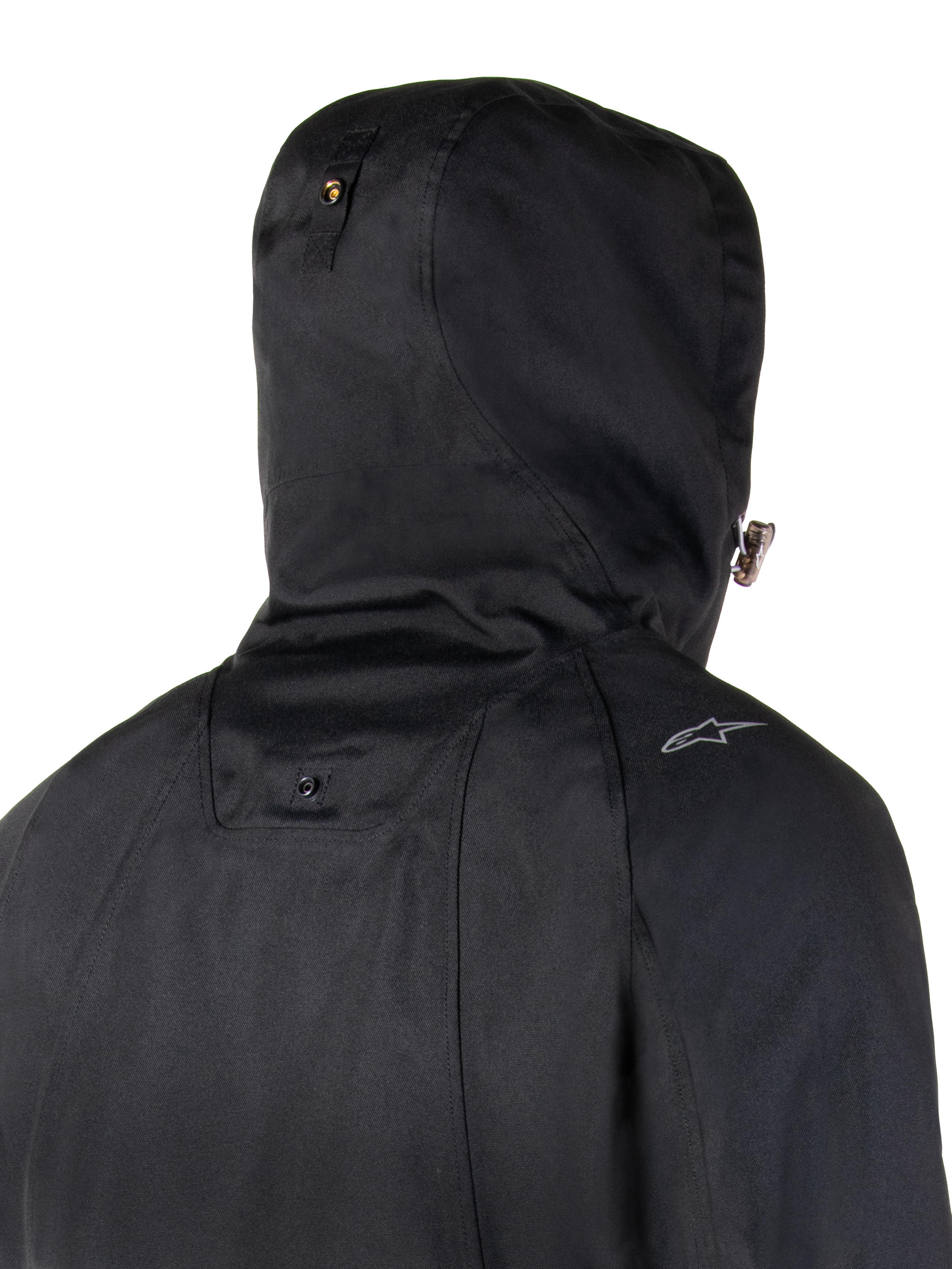 Alpinestars Morush Waterproof Parka, Urban Motorcycle Jacket, Black, featuring a stormproof hood with snap button anchor.