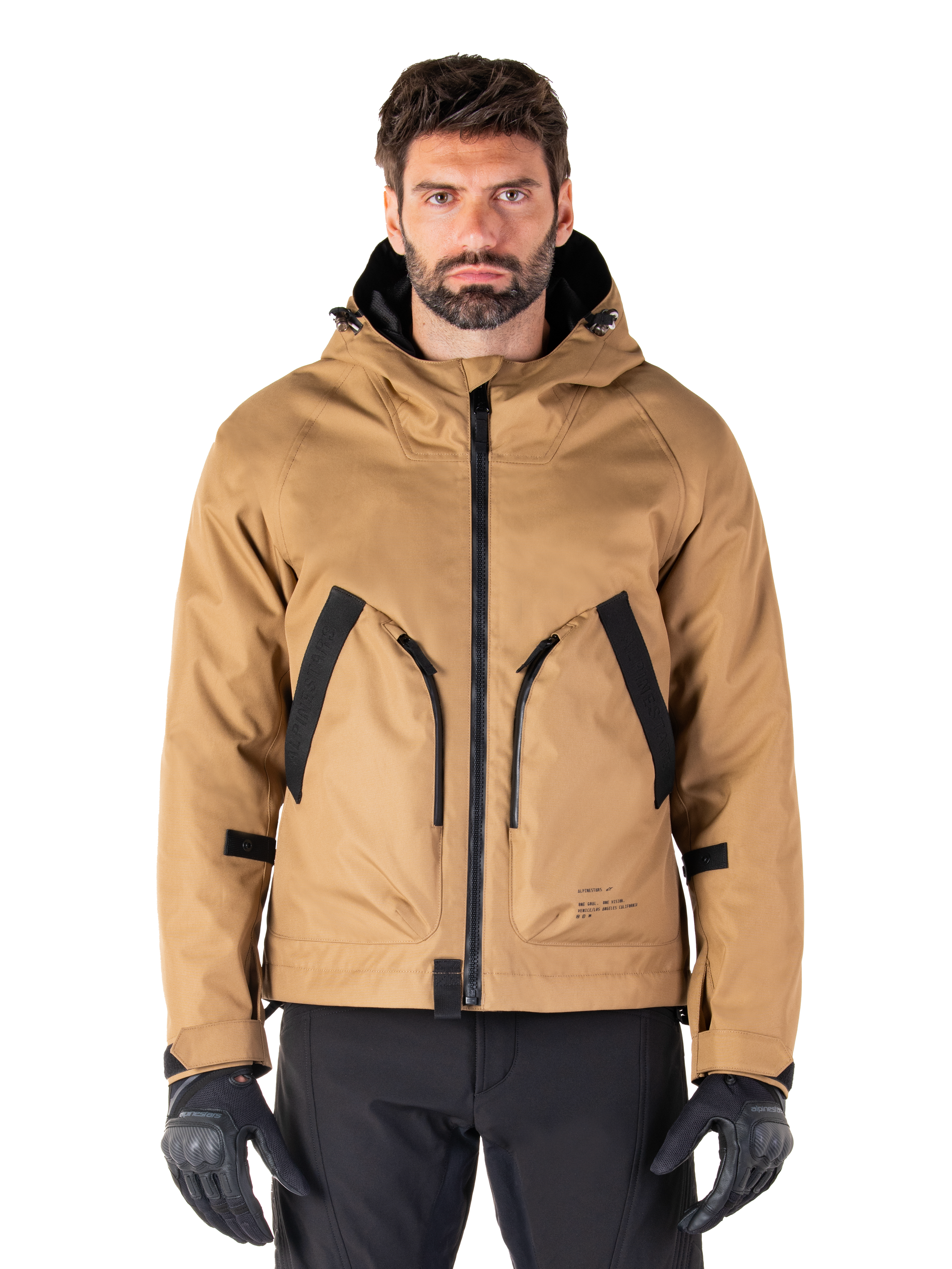 Alpinestars Morush Waterproof Parka, Utility Brown and Black Hooded Motorcycle Jacket, Urban Riding Gear, Front View with Black Zipper and Large Angled Pockets