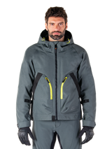 Alpinestars Morush Waterproof Parka, urban gray motorcycle jacket, vibrant yellow zippers and black accents, hooded design with large front pockets, technical streetwear-inspired styling