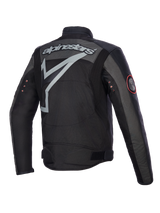 Alpinestars Axton Jacket, Motorcycle Jacket, Black Anthracite Red Tangerine, back view showing large grey wrap-around logo and wordmark, accordion shoulder panels, and vintage metal eyelets on sleeves, textile and leather construction.