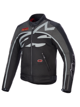 Alpinestars Axton Jacket, Motorcycle Jacket, Black Anthracite Red Tangerine, featuring a large grey wrap-around logo on the chest, red branded patches, textile and leather construction, vintage racing-inspired design for urban and road riding