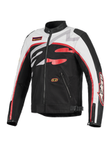 Alpinestars Axton Jacket, Motorcycle Jacket, Black Off White and Bright Red, vintage racing-inspired design with bold wrap-around Alpinestars logo, textile and leather construction, zippered pockets and biker collar