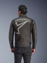 Alpinestars Axton Jacket, Men's Motorcycle Jacket, Black Anthracite Red Tangerine, back view featuring a large grey Alpinestars wordmark and stylized star graphic, accordion shoulder panels, and vintage-inspired metal eyelets on the sleeves.