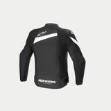 Alpinestars T-GP Plus R V4 Jacket, Black and White textile motorcycle riding jacket, rear view showcasing pre-curved sleeves, white branding logos, and CE-certified construction