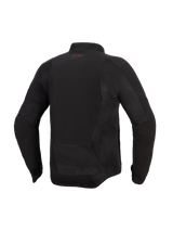 Alpinestars Aeroshell Airflow Jacket, Motorcycle Jacket, Black Anthracite, rear view featuring mesh panels and laser-perforated ventilation zones, elongated rear for riding coverage, small red logo on the back neck, lightweight sport-cut softshell design
