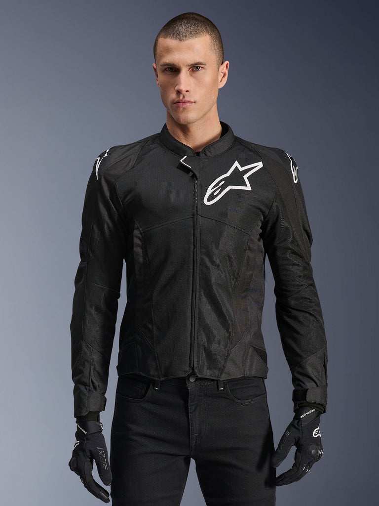 Alpinestars Viper Air V4 Jacket, Black Textile Motorcycle Jacket, White Star Logo on chest and shoulders, large tech mesh panels for maximum airflow, high collar, zippered front, sleek racing design