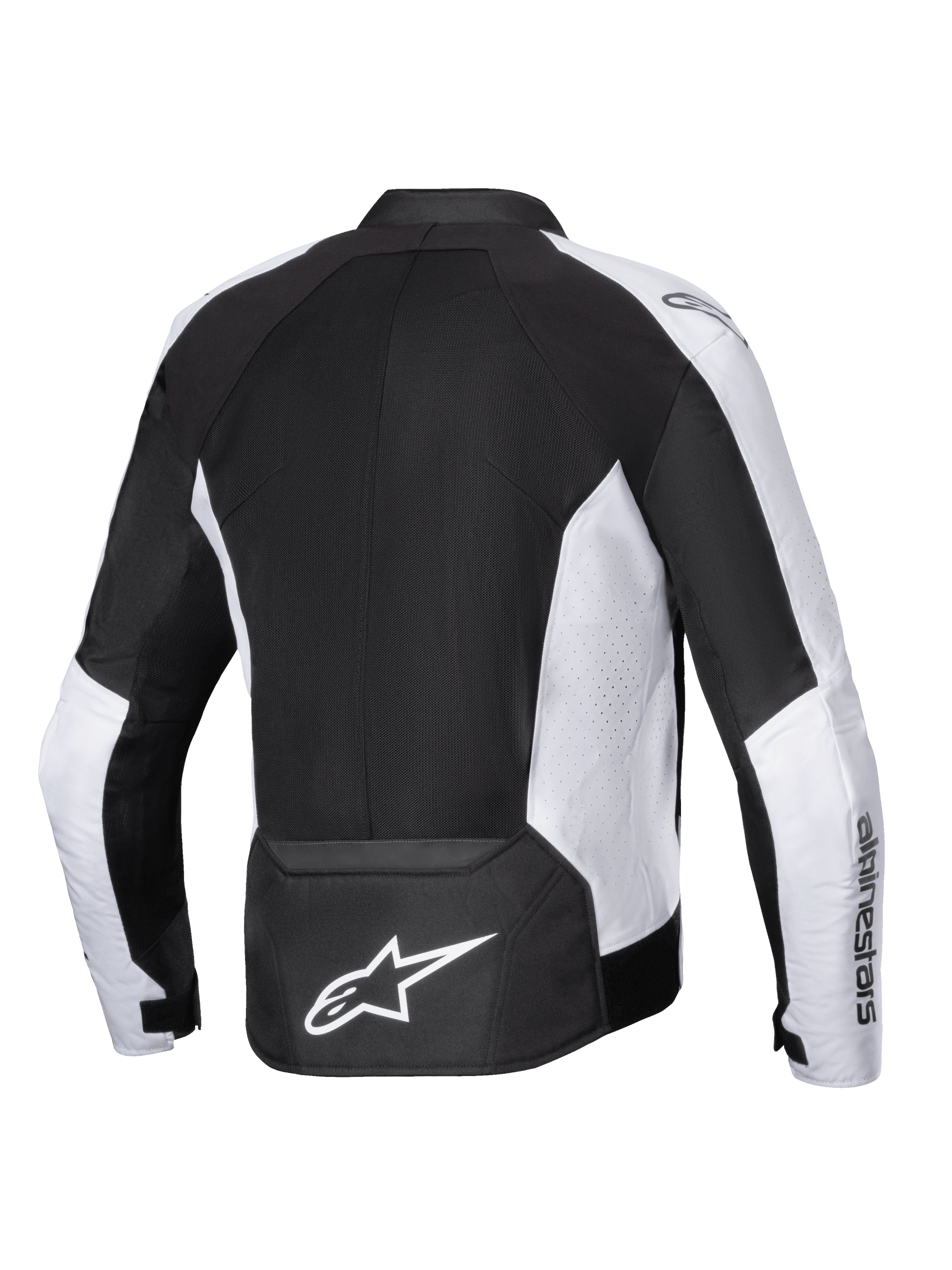 Alpinestars Viper Air V4 Jacket, Motorcycle Jacket, Black and White, Rear view featuring large tech mesh panels for airflow, white perforated side panels, bold white Astar logo on the lower back, and textile construction for warm-weather riding.