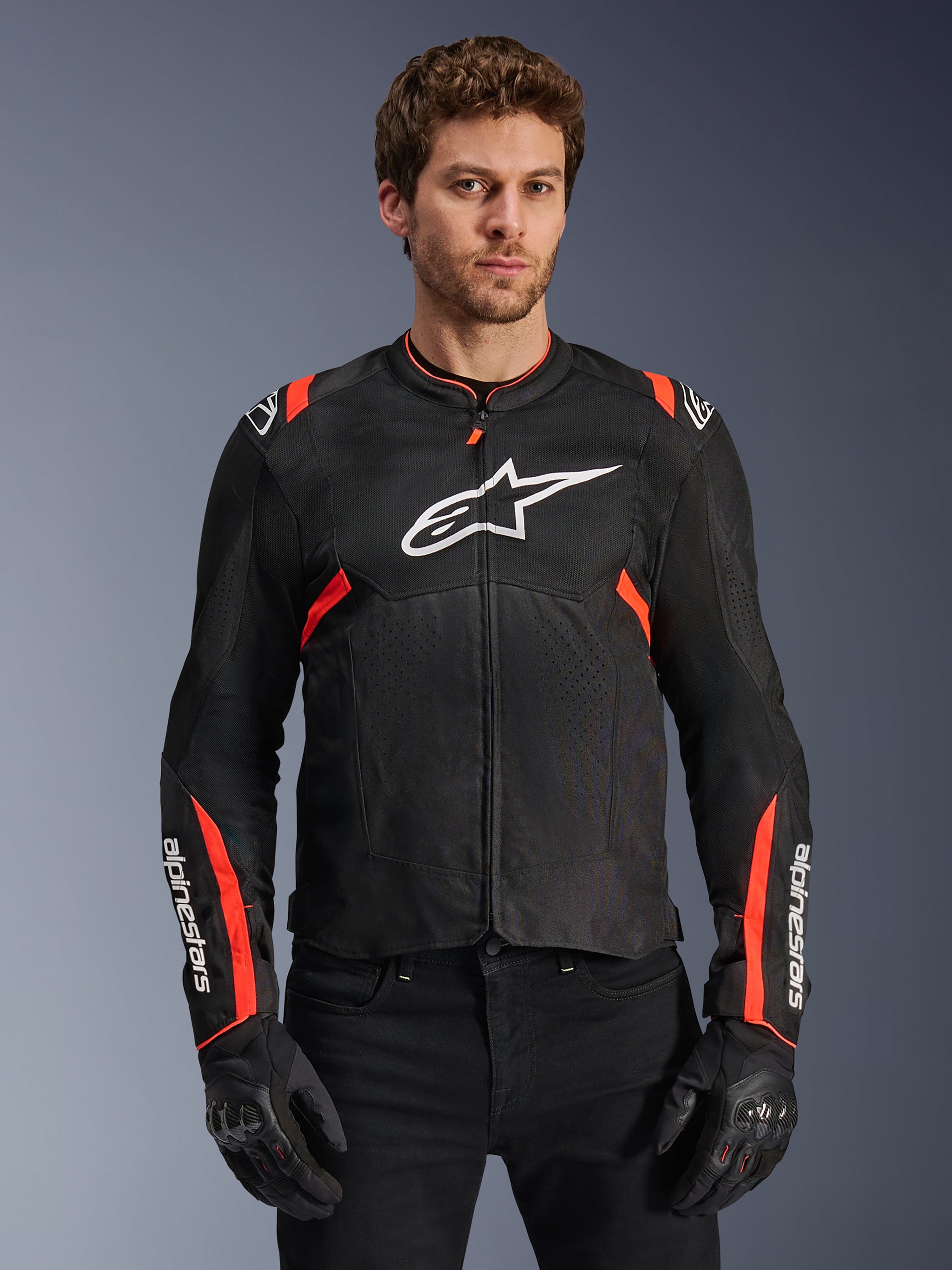 Alpinestars T-SPS Air V2 Jacket, ventilated men's motorcycle jacket, Black and Red Fluo, with tech mesh airflow panels.
