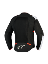 Alpinestars T-Sps Air V2 Jacket, Textile Motorcycle Jacket, Black White and Red Fluo, rear view featuring large mesh panels for airflow, white shoulder accents, Alpinestars star logo on lower back, urban sport design.