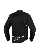 Alpinestars T-Sps Air V2 Jacket, Black and White, rear view showing large mesh panel for maximum airflow, durable 600D polyfabric construction with white accents and star logo on the lower back, textile motorcycle jacket for urban riding