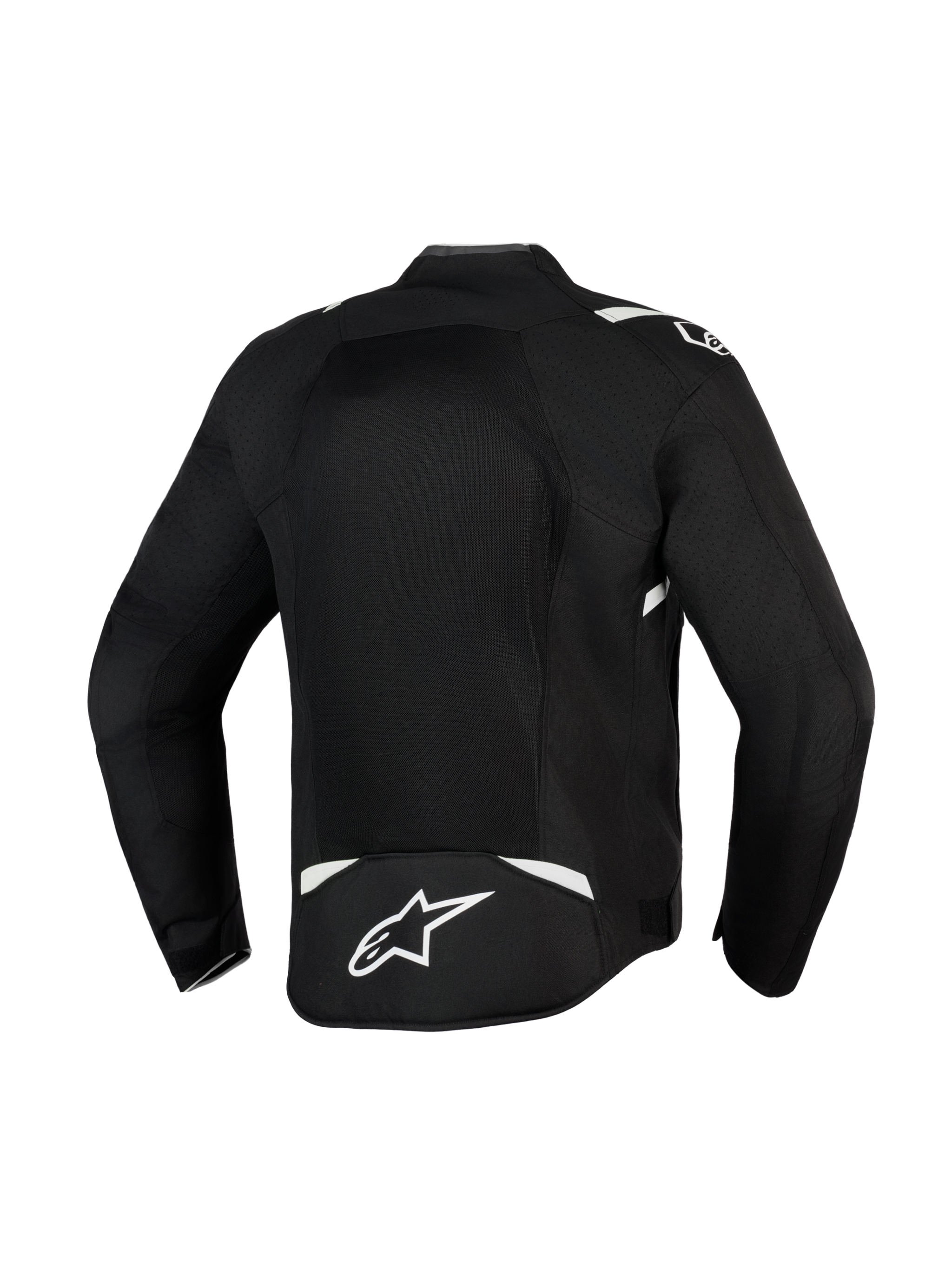 Alpinestars T-Sps Air V2 Jacket, Black and White, rear view showing large mesh panel for maximum airflow, durable 600D polyfabric construction with white accents and star logo on the lower back, textile motorcycle jacket for urban riding