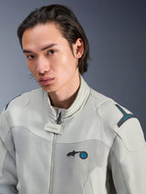 Alpinestars Circal-1 Air Jacket, Metal Gray with Methyl Blue accents, male model wearing urban summer motorcycle jacket, close-up of mesh airflow panels and minimalist branding on the chest