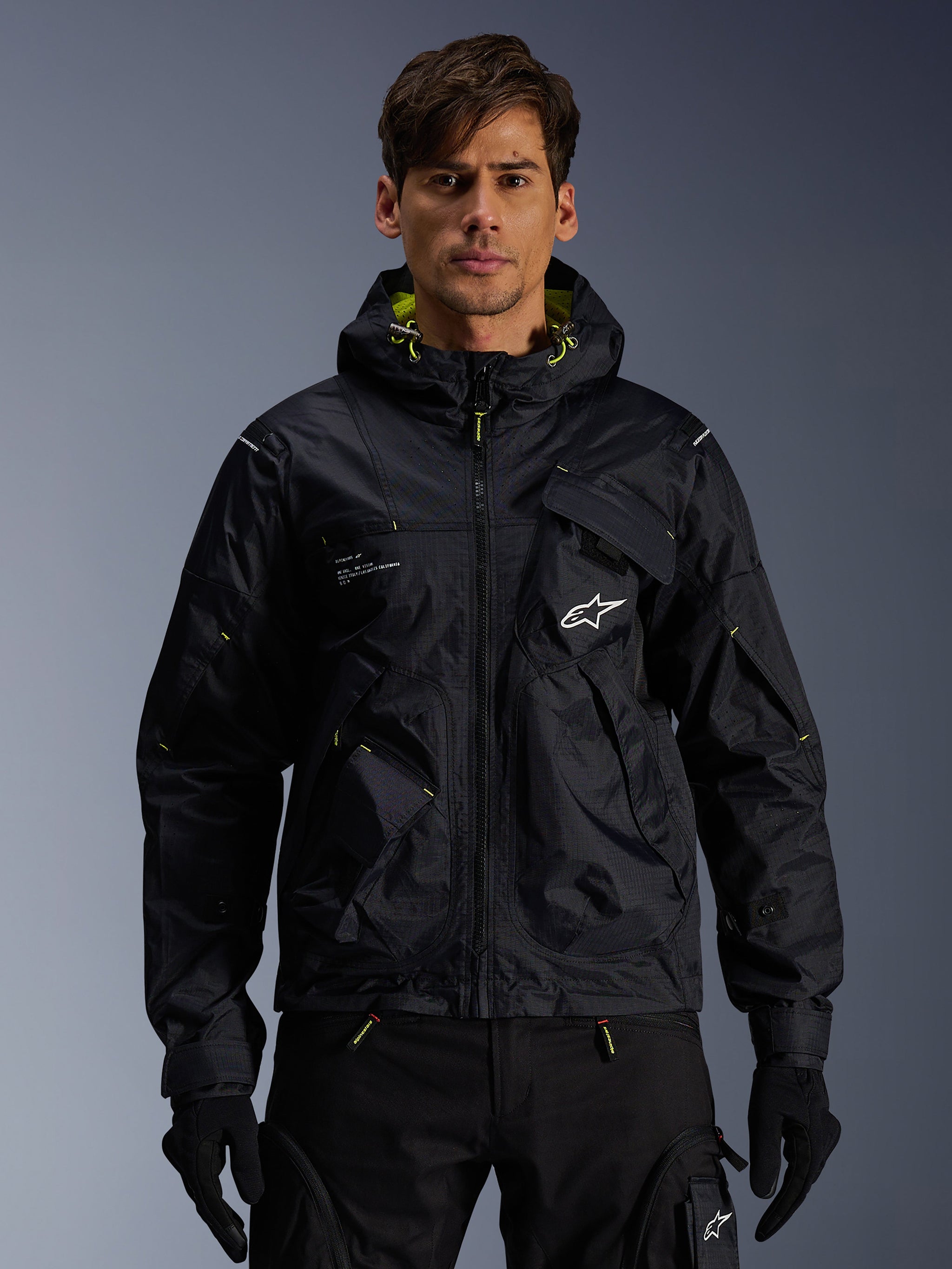 Alpinestars Mogress Air Jacket, urban motorcycle textile jacket for men in Black and Lime Punch with a utility hood.