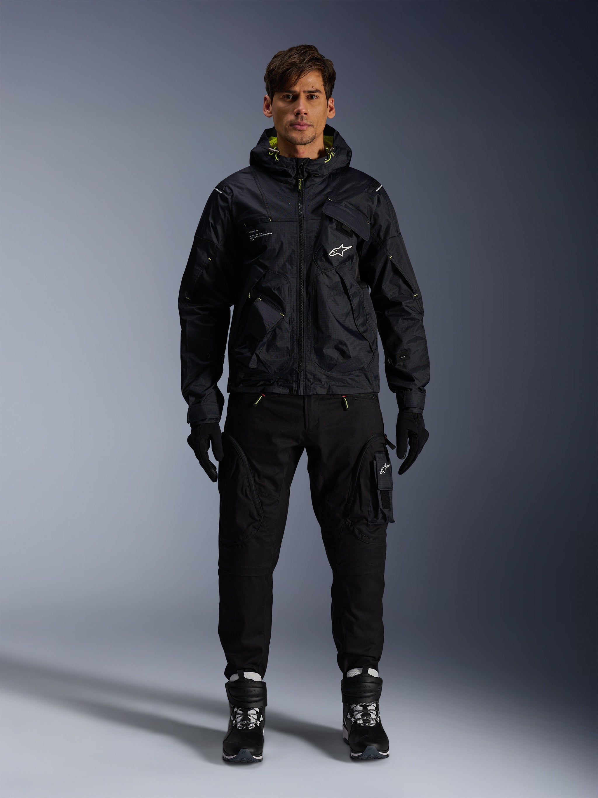 Alpinestars Mogress Air Jacket, Urban Motorcycle Jacket, Man, Black and Lime Punch, Textile, Hooded and Ventilated.