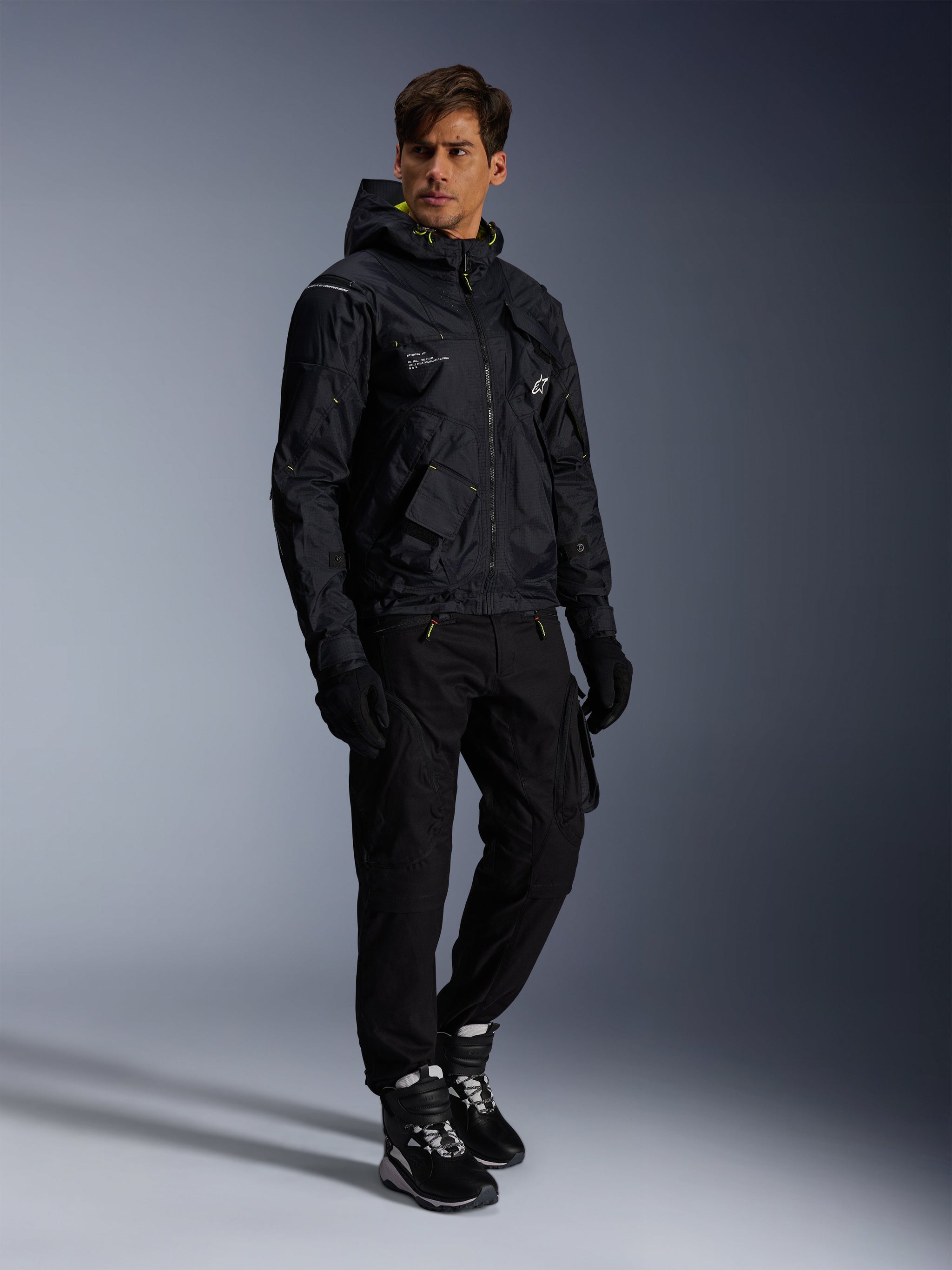 Alpinestars Mogress Air Jacket, Urban Motorcycle Jacket, Men's Black and Lime Punch, ventilated ripstop utility design.