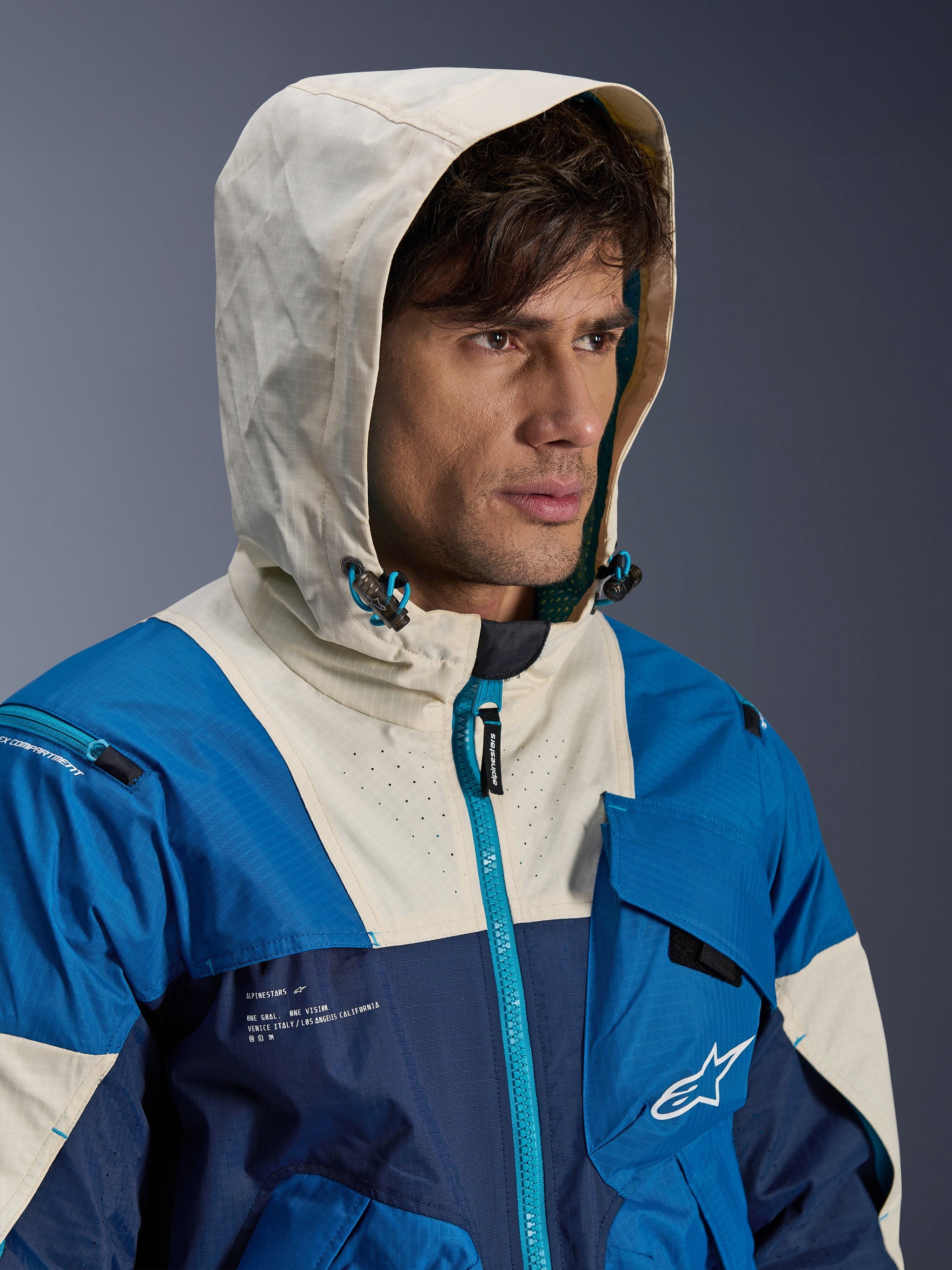 Alpinestars Mogress Air Jacket, Men's Urban Motorcycle Jacket, Blue and Almond, Ventilated Textile with Hood.