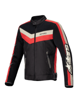 Alpinestars T-Dyno Air Jacket, men's textile motorcycle riding jacket in Black, Bright Red, and Ecru, featuring CE-certified protection, 3D mesh airflow panels, and vintage-inspired styling