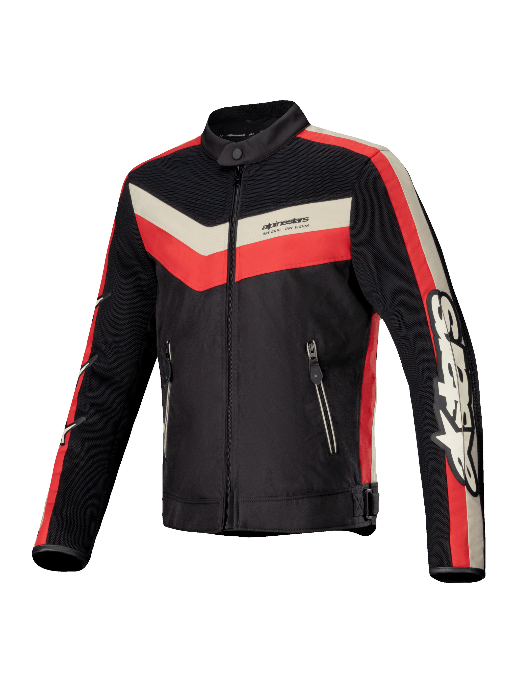 Alpinestars T-Dyno Air Jacket, men's textile motorcycle riding jacket in Black, Bright Red, and Ecru, featuring CE-certified protection, 3D mesh airflow panels, and vintage-inspired styling