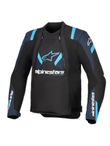 Alpinestars T-Stunt Air Jacket, Black with Dark Blue and Bright Blue accents, textile motorcycle jacket with modular mesh panels, Alpinestars branding on the chest and sleeves, sleek sport-cut design