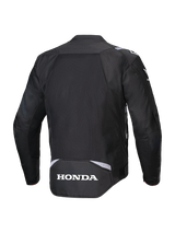 Alpinestars Honda T-SPS Air V2 Jacket, Black, Rear view featuring a large mesh back panel for airflow, white Honda logo on the lower back, and Alpinestars branding on the shoulders, textile motorcycle jacket for summer riding.