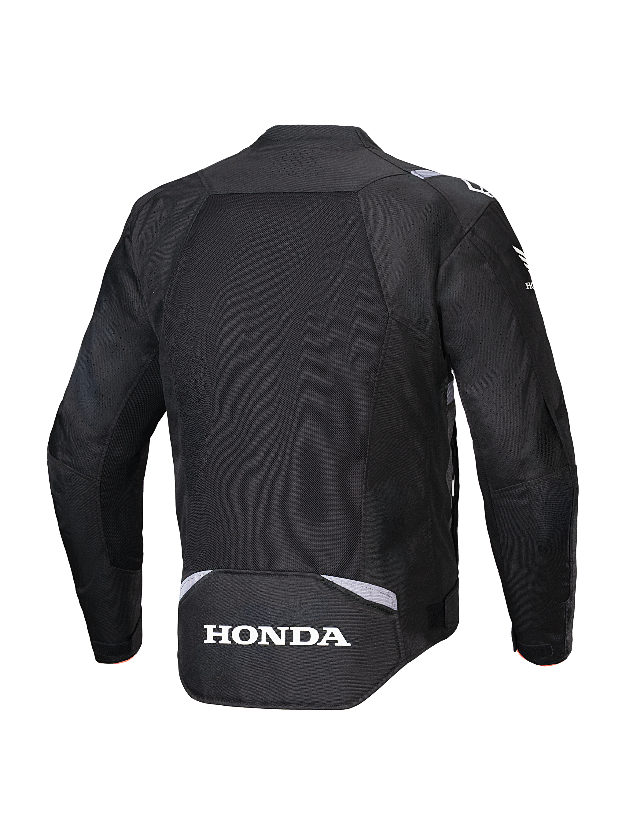 Alpinestars Honda T-SPS Air V2 Jacket, Black, Rear view featuring a large mesh back panel for airflow, white Honda logo on the lower back, and Alpinestars branding on the shoulders, textile motorcycle jacket for summer riding.