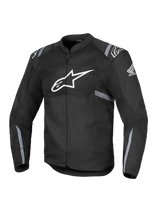 Alpinestars Honda T-SPS Air V2 Jacket, Black textile motorcycle jacket with large white Alpinestars logo on chest and Honda wing logo on sleeve, featuring perforated mesh panels for breathability, gray reflective stripes on sleeves and waist, and front zipper closure.
