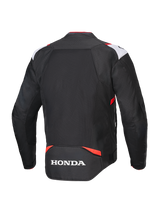 Alpinestars Honda T-SPS Air V2 Jacket, textile motorcycle jacket, Black White and Bright Red, back view showing large mesh panel for airflow and white Honda logo on the lower back, sport-style design for summer urban riding