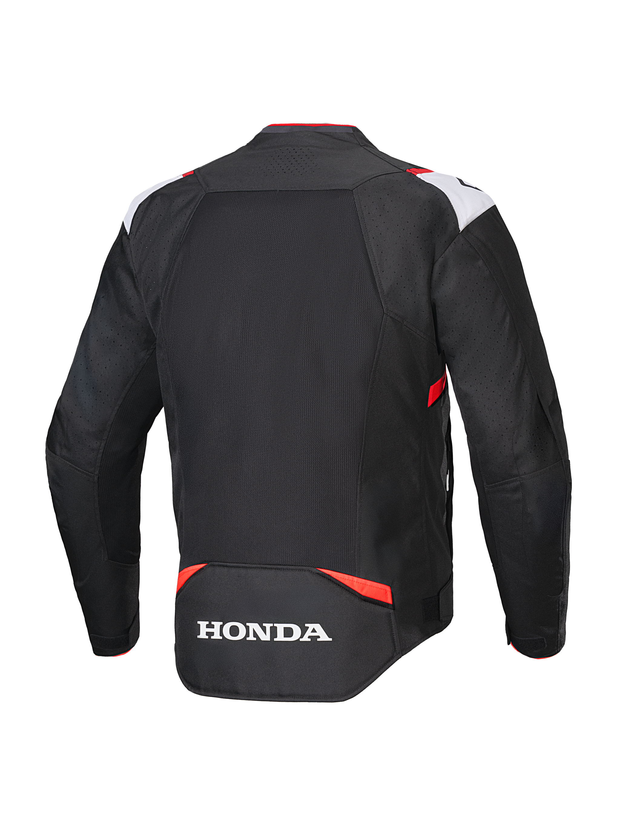 Alpinestars Honda T-SPS Air V2 Jacket, textile motorcycle jacket, Black White and Bright Red, back view showing large mesh panel for airflow and white Honda logo on the lower back, sport-style design for summer urban riding