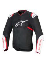 Alpinestars Honda T-SPS Air V2 Jacket, Motorcycle Textile Jacket, Black with White and Bright Red accents, featuring ventilated tech mesh panels, Alpinestars logo on chest and red Honda branding on sleeves, sporty urban design for airflow
