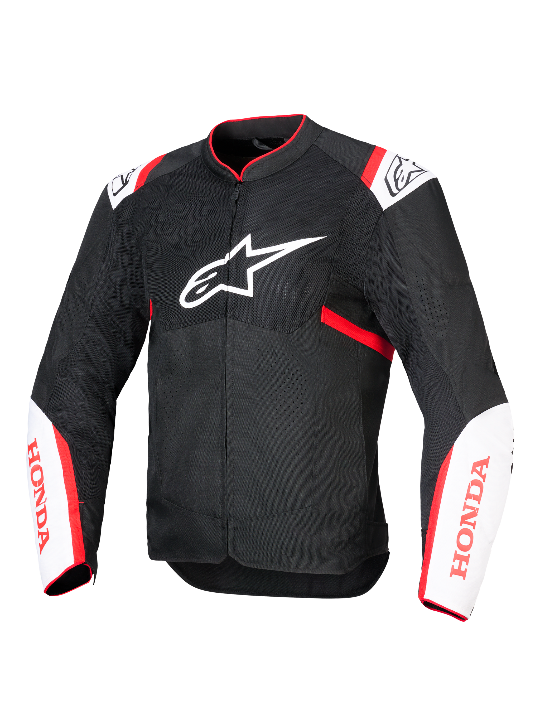 Alpinestars Honda T-SPS Air V2 Jacket, Motorcycle Textile Jacket, Black with White and Bright Red accents, featuring ventilated tech mesh panels, Alpinestars logo on chest and red Honda branding on sleeves, sporty urban design for airflow