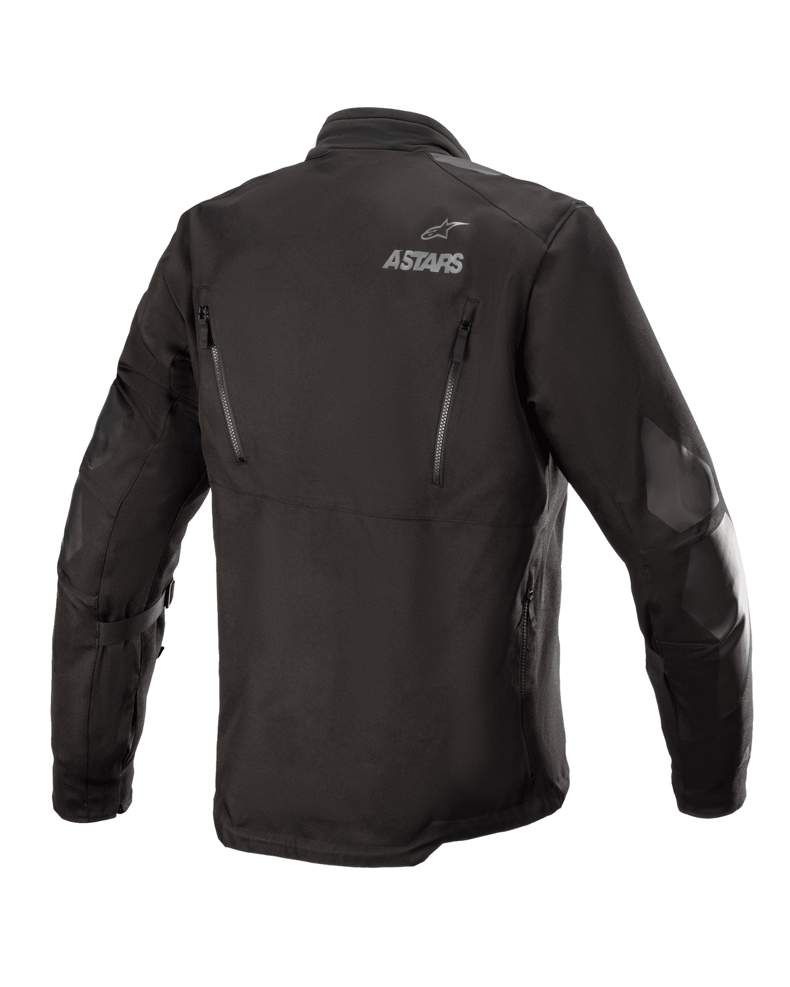Alpinestars Venture XT Jacket, Black, Rear view of a textile adventure touring motorcycle jacket, featuring ASTARS branding on the shoulder, vertical ventilation zippers on the back, and PU film reinforcements on the arms.