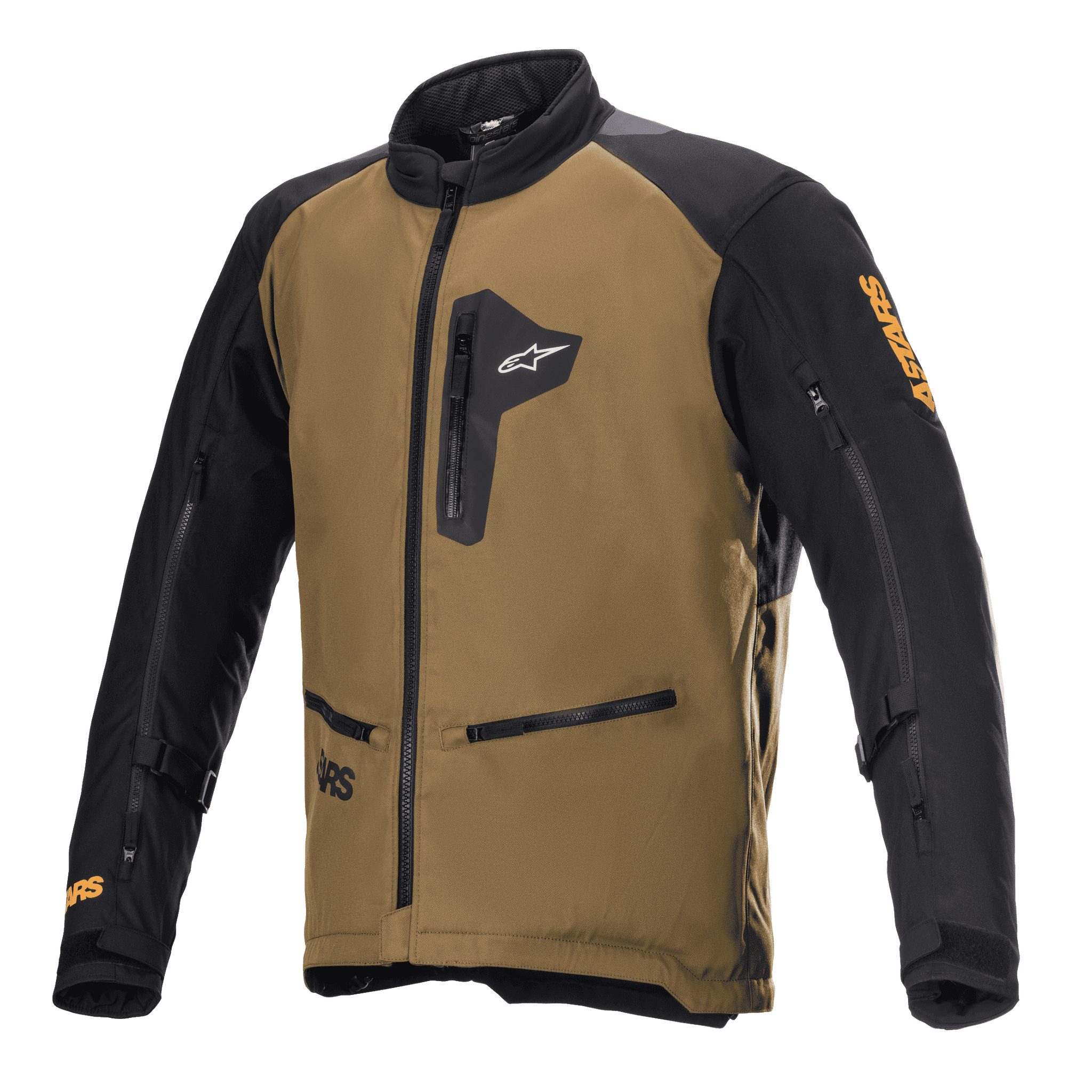 Alpinestars Venture XT Jacket, Motorcycle Adventure Touring Jacket, Camel and Black, featuring zippered chest and hand pockets, sleeve ventilation zips, adjustable arm straps, and orange Astars branding