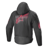 Alpinestars Zaca Air Venom WP Jacket, Black and Bright Red, rear view featuring a large stylized red logo on the back, textile motorcycle jacket with 3D mesh panels, detachable hood, and DFS Lite shoulder sliders, sport riding apparel.