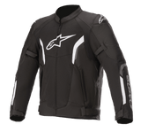 Alpinestars AST V2 Air Jacket, Motorcycle Racing Jacket, Black and White, sporty design with padded shoulders and elbows, front zipper, adjustable cuffs and waist straps, white chest and shoulder logos, durable protective material