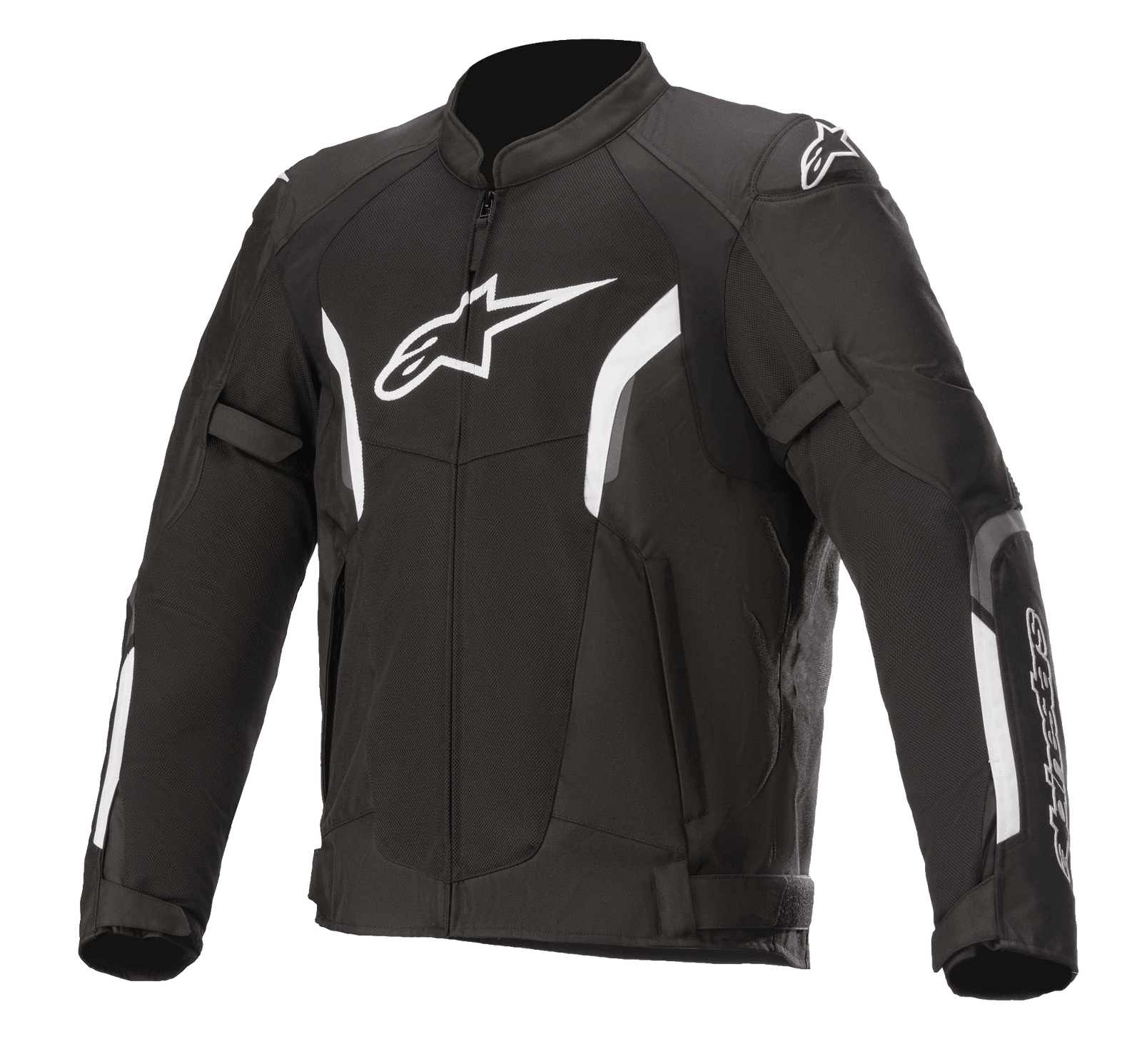 Alpinestars AST V2 Air Jacket, Motorcycle Racing Jacket, Black and White, sporty design with padded shoulders and elbows, front zipper, adjustable cuffs and waist straps, white chest and shoulder logos, durable protective material