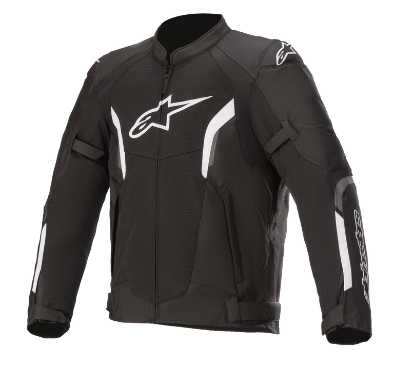 Alpinestars AST V2 Air Jacket, Motorcycle Racing Jacket, Black and White, sporty design with padded shoulders and elbows, front zipper, adjustable cuffs and waist straps, white chest and shoulder logos, durable protective material
