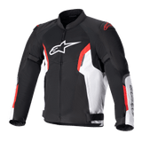 Alpinestars AST V2 Air Jacket, Black motorcycle jacket with red and white stripes, ventilated mesh construction for summer riding, white chest logo, adjustable sleeve and waist straps, high collar design, protective motorsport apparel