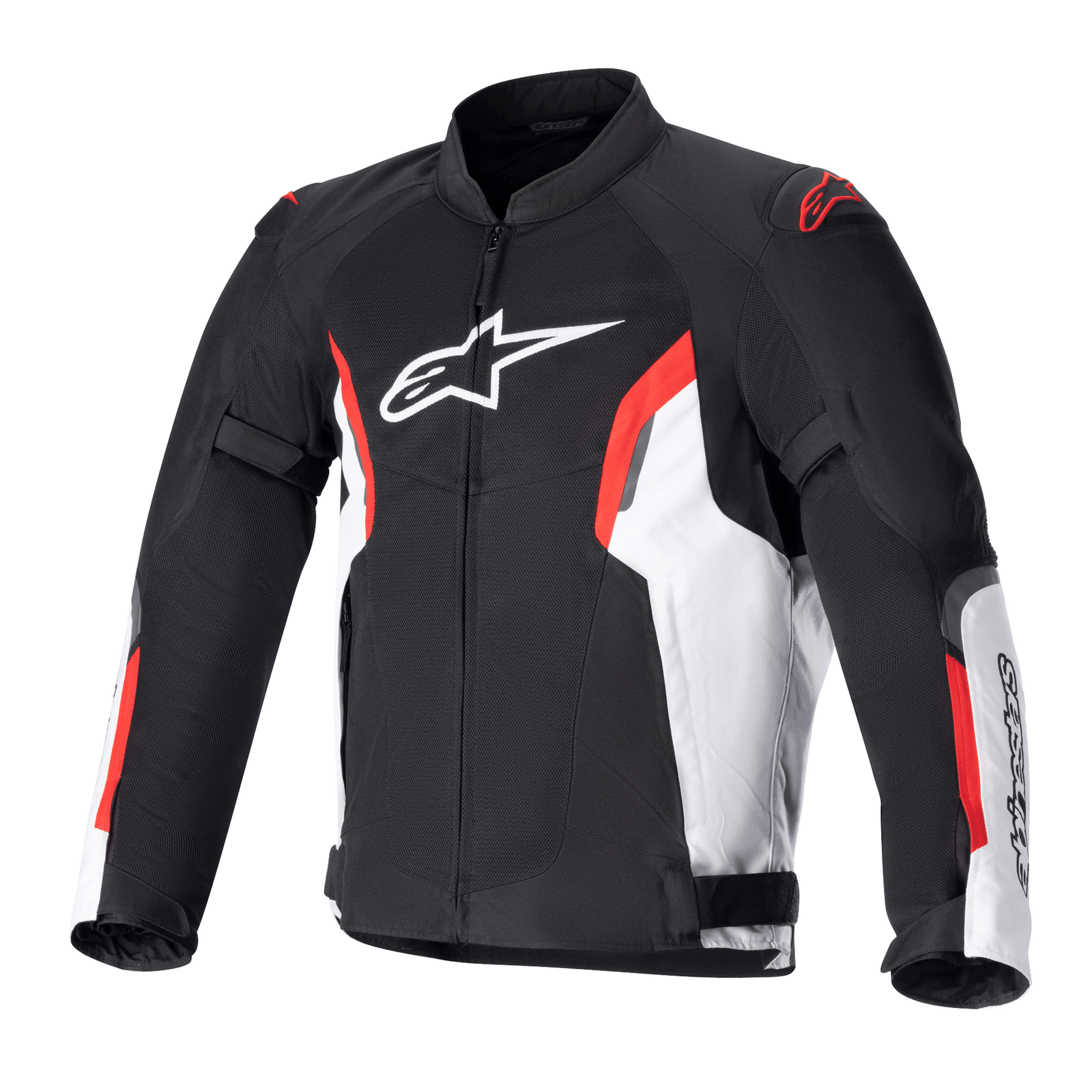 Alpinestars AST V2 Air Jacket, Black motorcycle jacket with red and white stripes, ventilated mesh construction for summer riding, white chest logo, adjustable sleeve and waist straps, high collar design, protective motorsport apparel