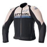Alpinestars SMX Air Jacket, motorcycle sport jacket, light brown and black with sodalite blue accents, mesh ventilation panels, ASTARS branding on chest, front zip closure, adjustable waist straps, protective shoulder sliders