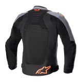 Alpinestars SMX Air Jacket, Textile Motorcycle Jacket, Black and Dark Gray with Orange Fluo, back view showing large mesh panels, Tech-Air Ready logo on upper back, and orange star logo at the bottom.