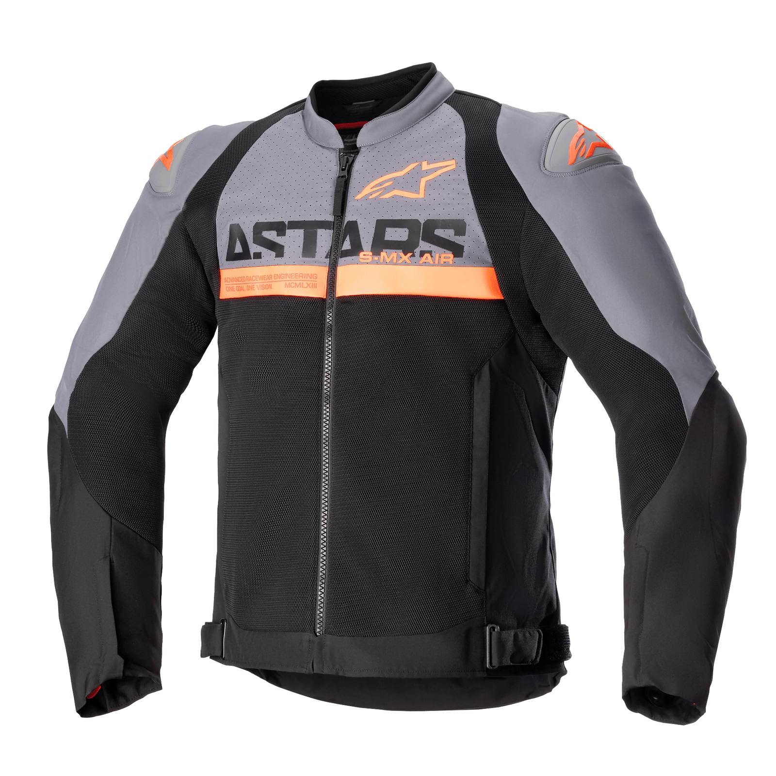 Alpinestars SMX Air Jacket, Motorcycle Sport Jacket, Dark Gray and Black with Orange Fluo accents, featuring perforated tech mesh panels and bold ASTARS branding on the chest, long sleeves, front zipper, and adjustable waist straps, technical ventilated riding gear.