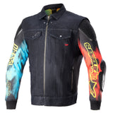 Alpinestars X Diesel AS-DSL Kentaro Denim Jacket, Blue Urban Moto Gear with Multi-color Under-sleeves and Nucleon Armor.