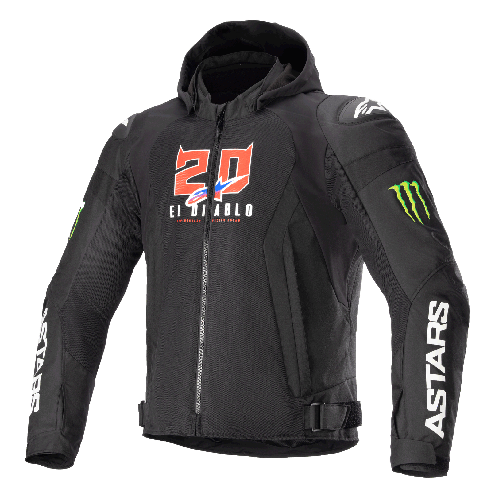 Alpinestars FQ20 Zaca Air Monster Jacket, Black textile motorcycle jacket with hood, featuring red and white "20 El Diablo" graphics, green Monster Energy claw logos, white ASTARS branding on sleeves, DFS Lite shoulder sliders, zip closure