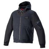 Alpinestars X Diesel AS-DSL Kensei Bomber Jacket, Black Urban Riding Puffer with quilted sleeves, hood, and CE protection.