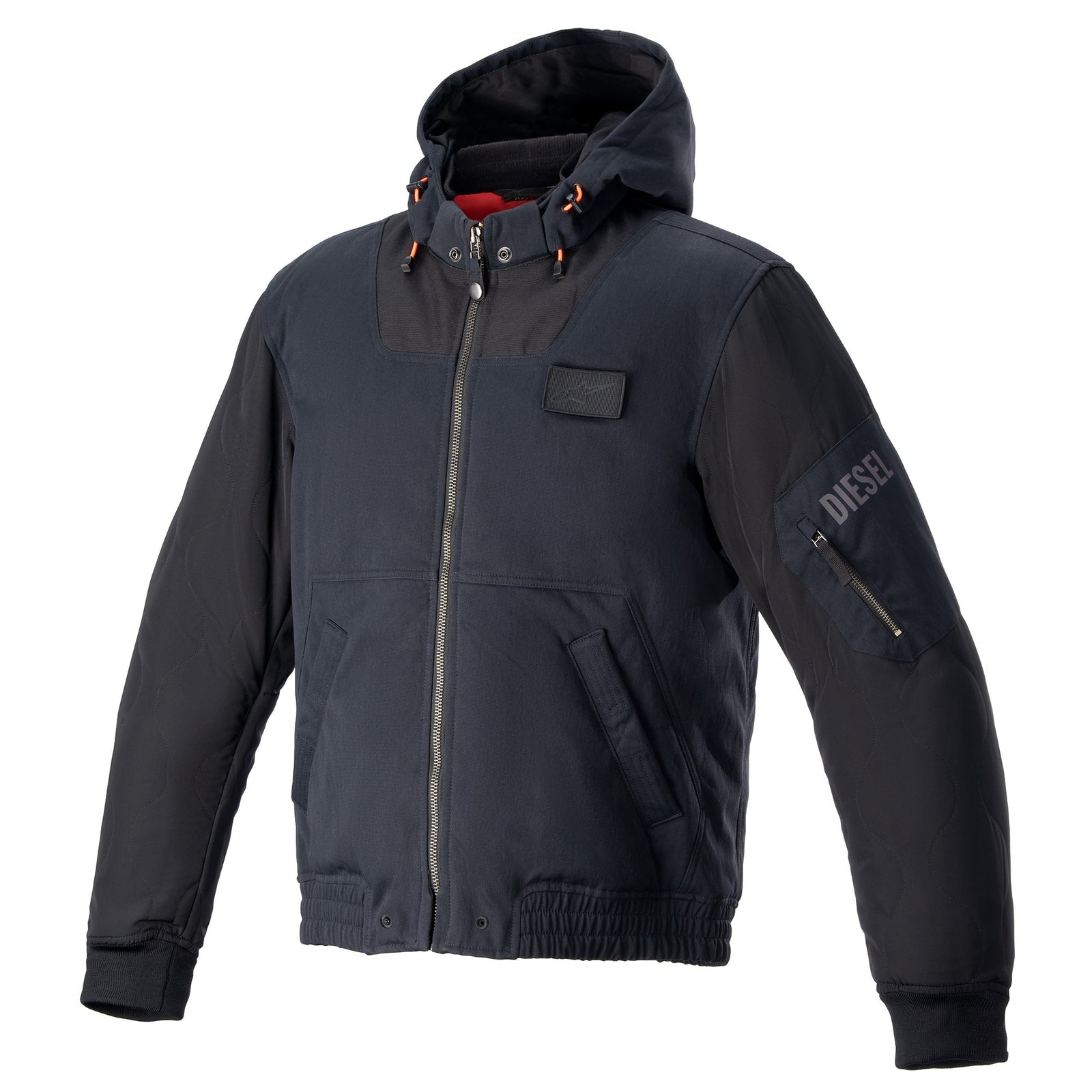Alpinestars X Diesel AS-DSL Kensei Bomber Jacket, Black Urban Riding Puffer with quilted sleeves, hood, and CE protection.