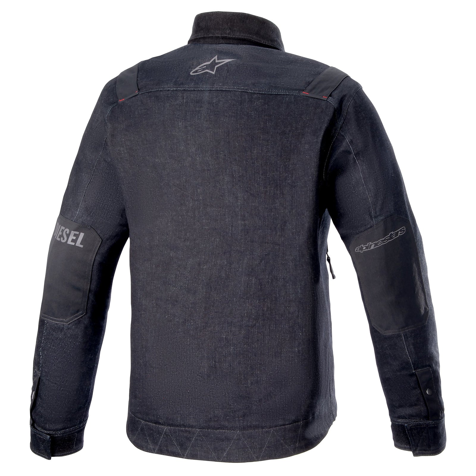 Alpinestars X Diesel AS-DSL Toshio Denim Overshirt, Men's urban motorcycle jacket, Rinse Blue and Black denim, back logo view.